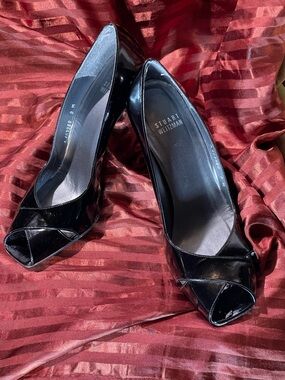 Stuart Weitzman Black Patent Peep-Toe Heels